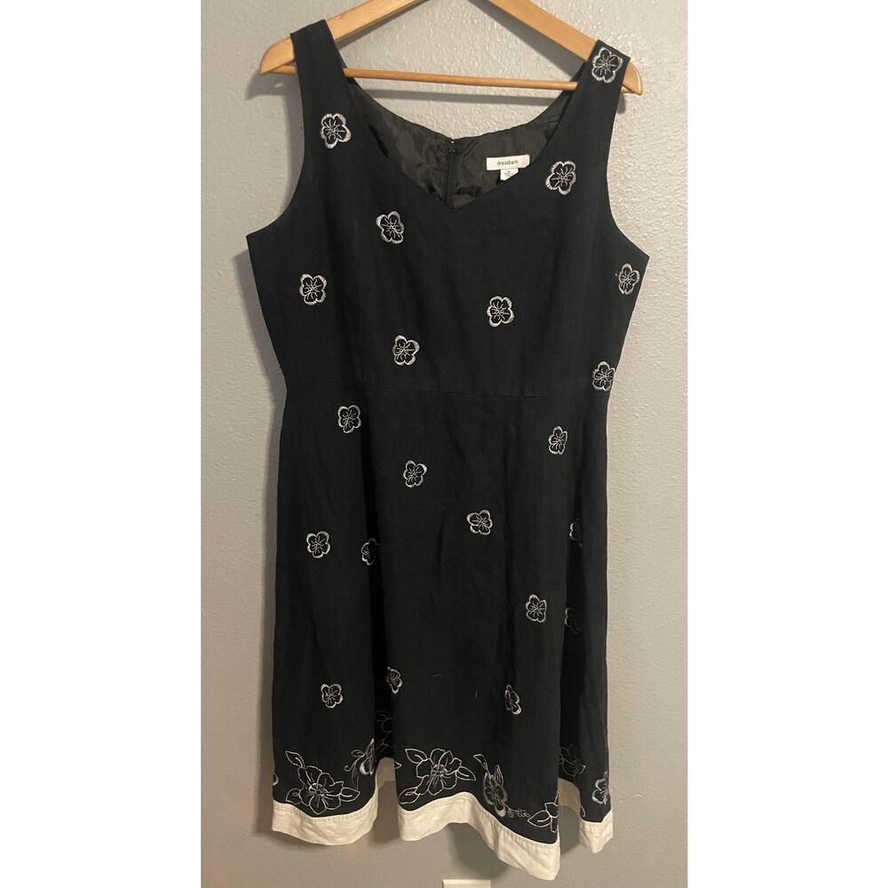 Dressbarn Dress Womens 16 Black Floral Embroidered Linen Lagenlook Zip Y2K